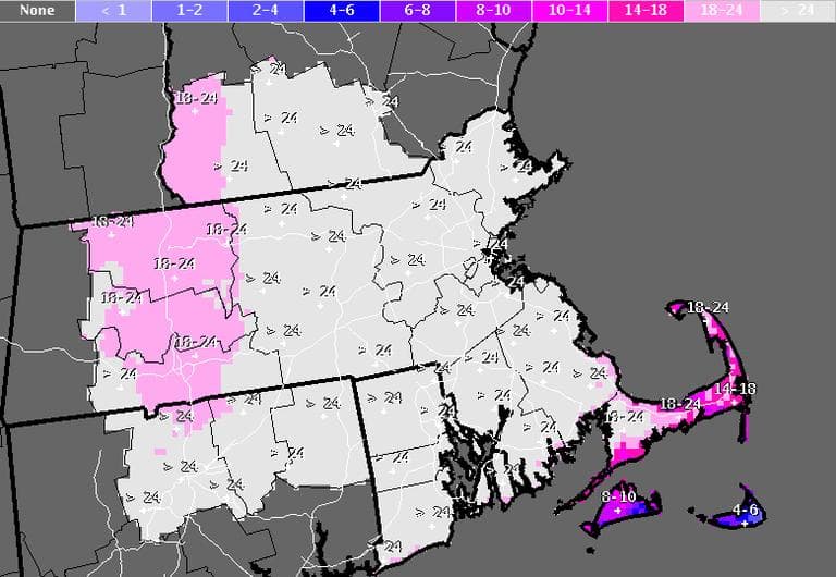 The snow forecast (as of 4:31 a.m. Friday) for Friday’s anticipated storm (National Weather Service)