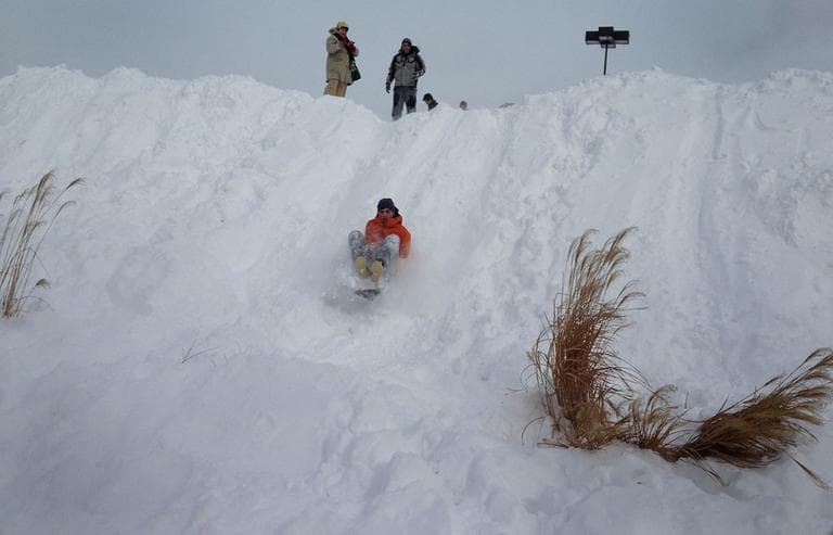 Snow revelers take advantage of a huge snow pile made by the snow plows near Memorial Drive and Magazine St. in Cambridge. (Nate Goldman/WBUR)