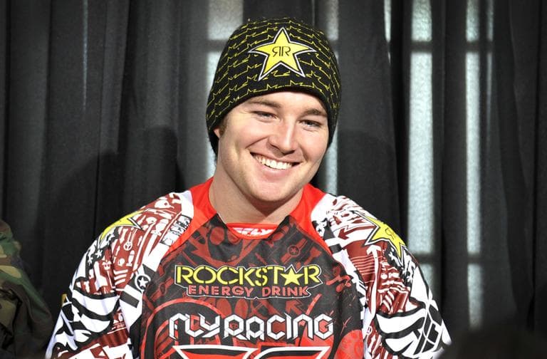 In this photo taken Jan. 25, 2012 and released by ESPN Images, snomobiler Caleb Moore smiles while attending a news conference at the Winter X Games in Aspen, Colo. (Eric Lars Bakke/ESPN Images)