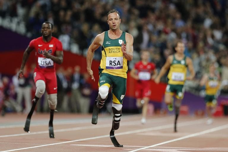 South Africa's Oscar Pistorius competes before wining at Men's 4 x 100 Relay T42-46 final at the 2012 Paralympics in London, Wednesday, Sept. 5, 2012. (Emilio Morenatti/AP)