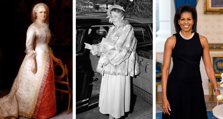 An 1878 portrait of Martha Washington (Wikimedia Commons), a 1949 photo of Eleanor Roosevelt (AP) and a 2009 official portrait of Michelle Obama (AP).