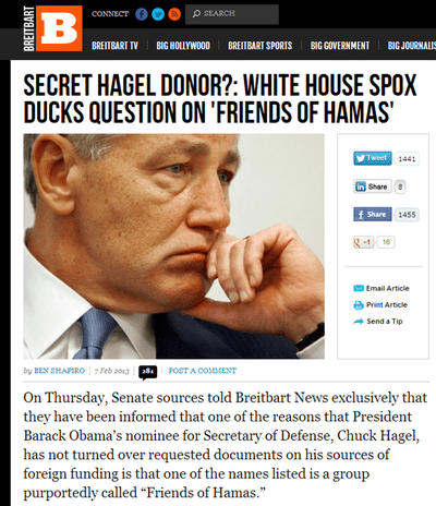A screenshot of the Feb. 7, 2013, story by Ben Shapiro in Breitbart News. (breitbart.com)