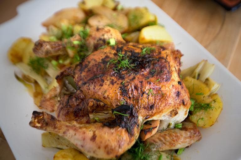 Roast Tarragon Chicken with Leeks, Pears and Potatoes. (Jesse Costa/WBUR)