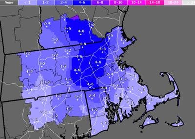 As of Sunday evening, the National Weather Service forecast 1-2 inches of snow in the Boston area, with 4-6 inches in Worcester. (NWS)