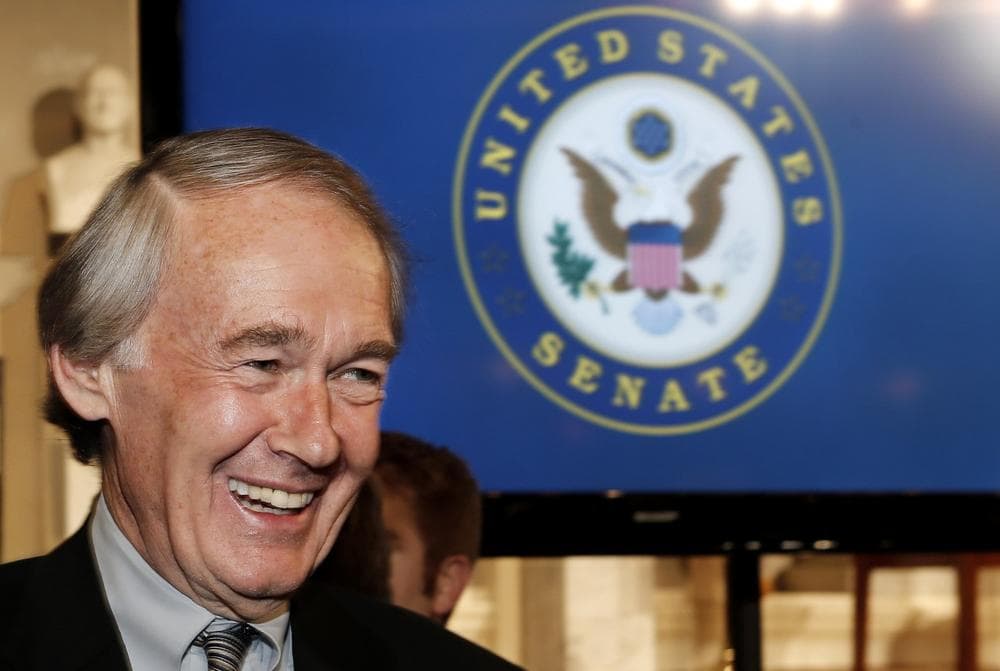 U.S. Rep. Ed Markey laughs at Faneuil Hall in Boston Jan. 31 during John Kerry's farewell tour of Massachusetts before he becomes secretary of state. (Winslow Townson/AP)