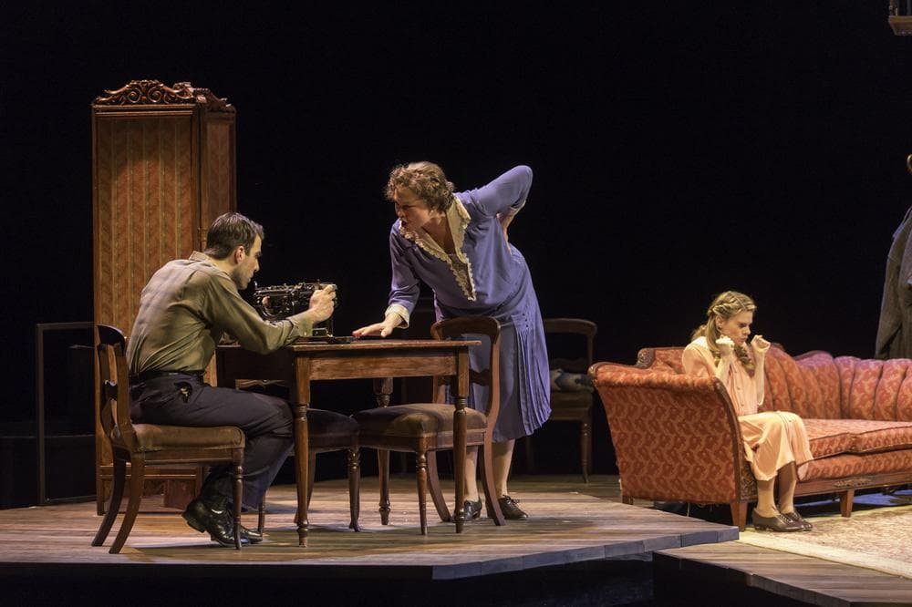 Zachary Quinto as Tom, Cherry Jones as Amanda Wingfield, and Celia Keenan-Bolger as Laura in the ART's production of "The Glass Menagerie." (Courtesy ART/Michael J. Lutch_
