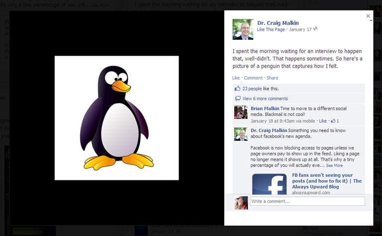 After waiting for an interview to happen that didn’t, Craig Malkin posted this illustration of a penguin to show how he felt. He received 23 likes and 6 comments, which he said made him feel “pretty good.” 