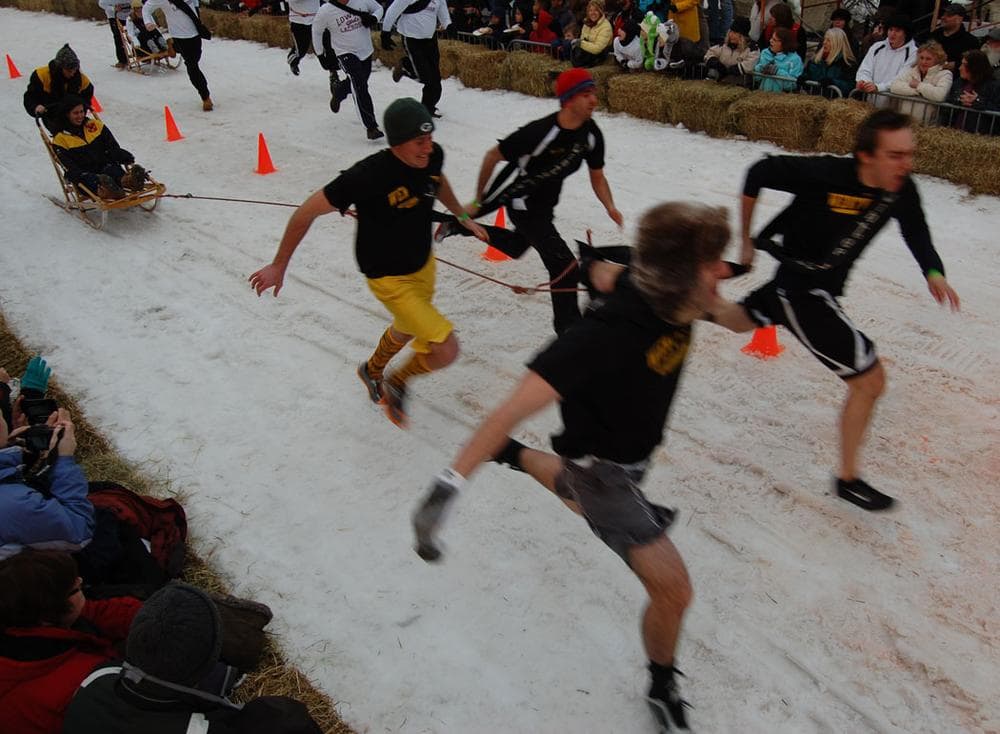 The Wentworth Institute of Technology team sprints down the Human Dog Sled track. (Greg Cook)