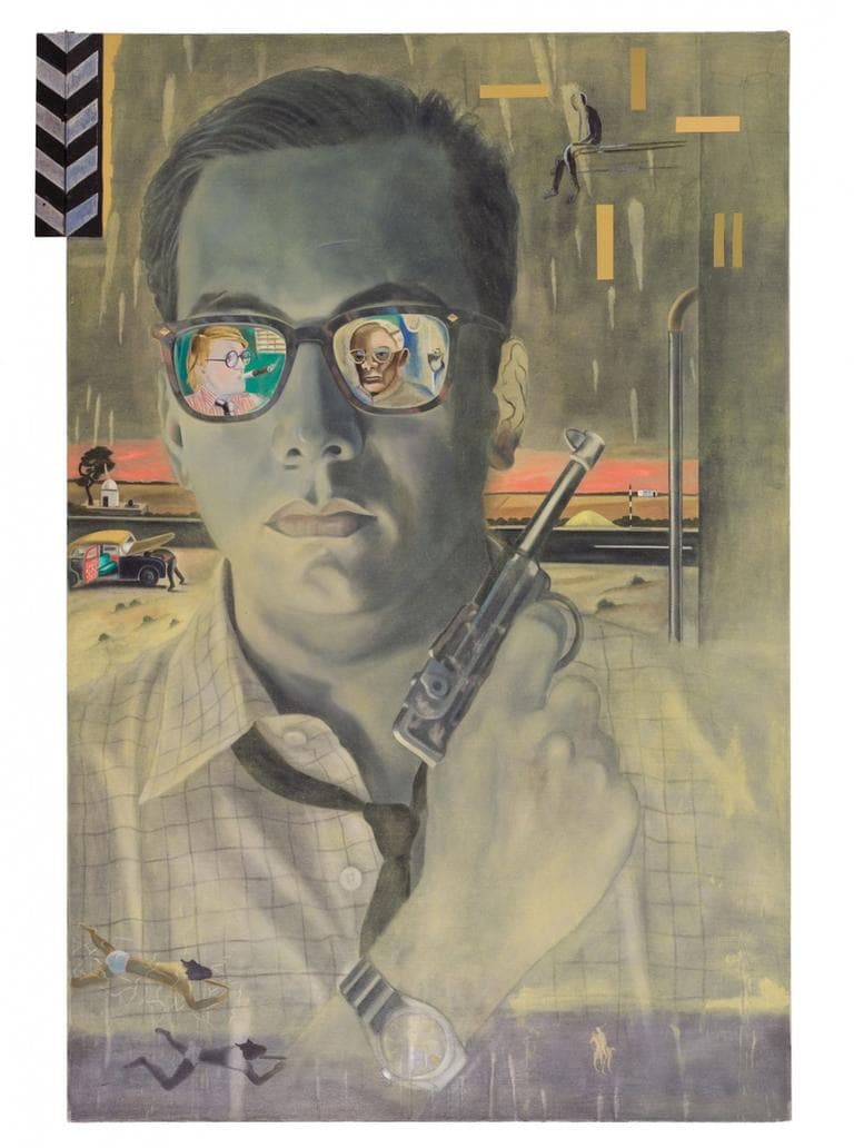 Atul Dodiya, "The Bombay Buccaneer," 1994, acrylic and oil on canvas with film clapstick. (Courtesy of the Peabody Essex Museum)