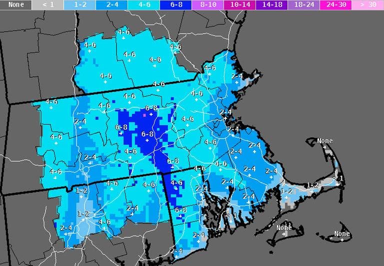 National Weather Service snowfall graphic, as of Wednesday 4 p.m.
