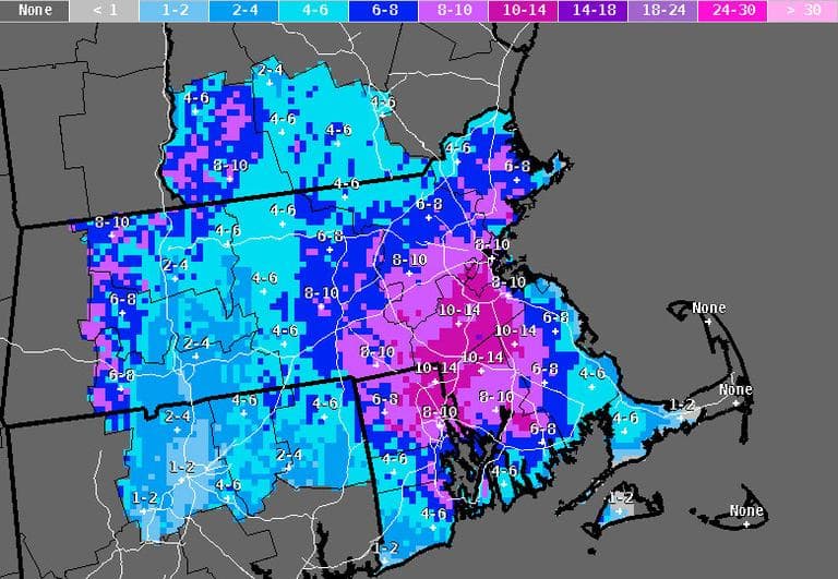 National Weather Service snowfall graphic, as of 4 p.m. Thursday.