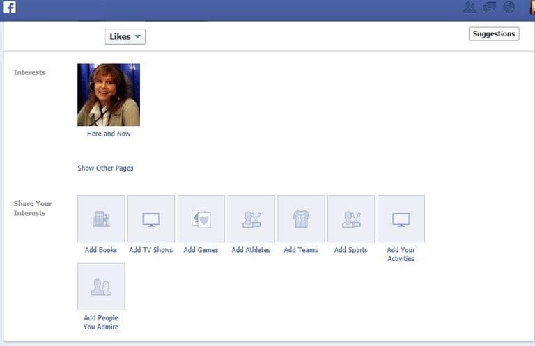 A screenshot of the "Interests" section on Facebook, where you can add Here &amp; Now. (Click to enlarge)