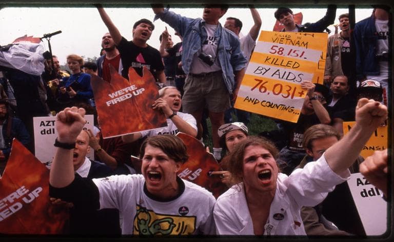 An image from an ACT UP (Aids Coalition to Unleash Power) protest, featured in "How to Survive a Plague." (Donna Binder)