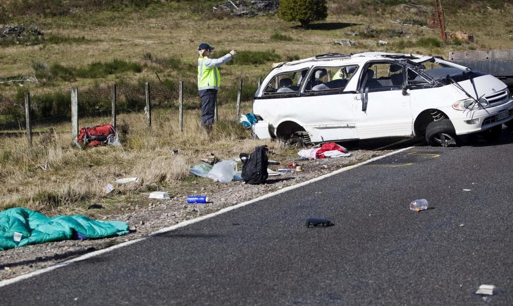 Three Boston University students were killed and others injured in a van crash on May 12, 2012 near Turangi, New Zealand. (John Cowpland/New Zealand Herald/AP)