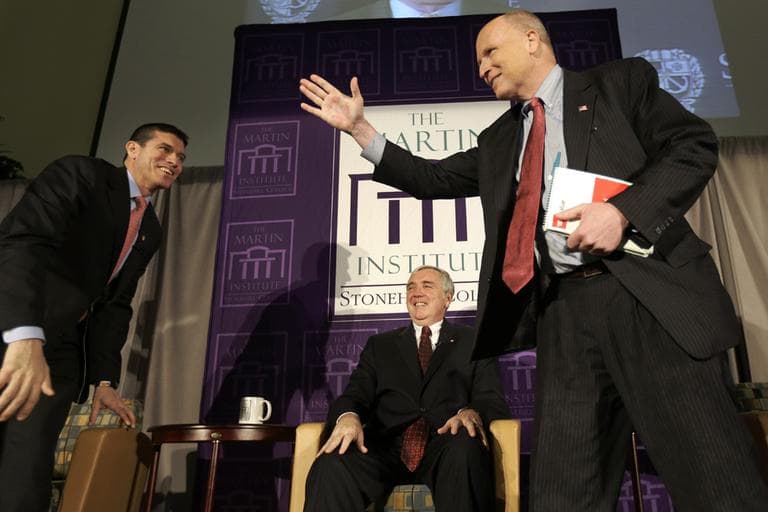 Massachusetts Republican hopefuls for the U.S. Senate, from the left, Cohasset businessman Gabriel Gomez, former U.S. Attorney Michael Sullivan, and Norfolk state Rep. Daniel Winslow greet one another before a debate at Stonehill College on Tuesday. (Steven Senne/AP)