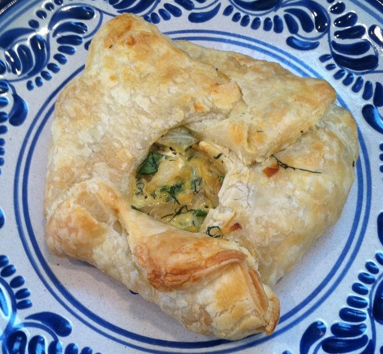 Kathy's "Greek-Style Cabbage with Caramelized Onion Dill Crostada." (Kathy Gunst/Here &amp; Now)