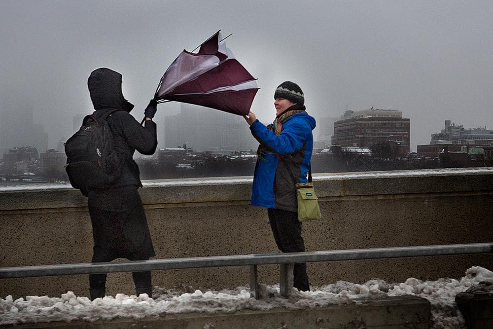 A woman's umbrella is turned inside-out Tuesday morning on BU Bridge. (Jesse Costa/WBUR)