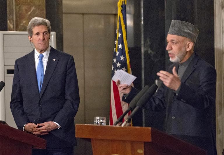 Secretary of State John Kerry listens as Afghan President Hamid Karzai speaks during their joint news conference at the presidential palace in Kabul, Monday, March 25, 2013. (Jason Reed/AP Pool)