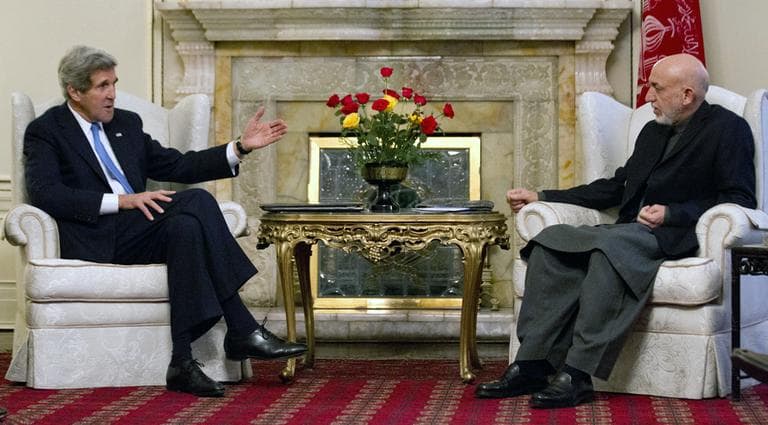 Secretary of State John Kerry meets with Afghan President Hamid Karzai at the Presidential Palace in Kabul, Monday, March 25, 2013. (Jason Reed/AP Pool)