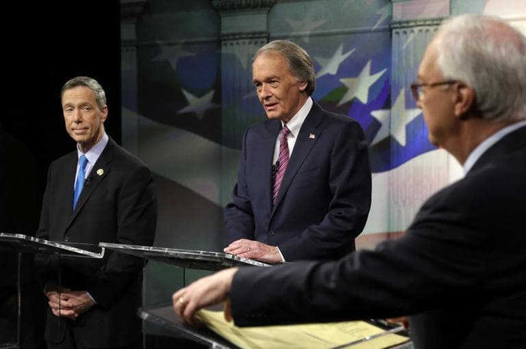 Democratic hopeful for the U.S. Senate Mass. U.S. Reps. Stephen Lynch, left, and Edward Markey, center, prepare for a televised debate Wednesday night. (Steven Senne/AP, Pool)