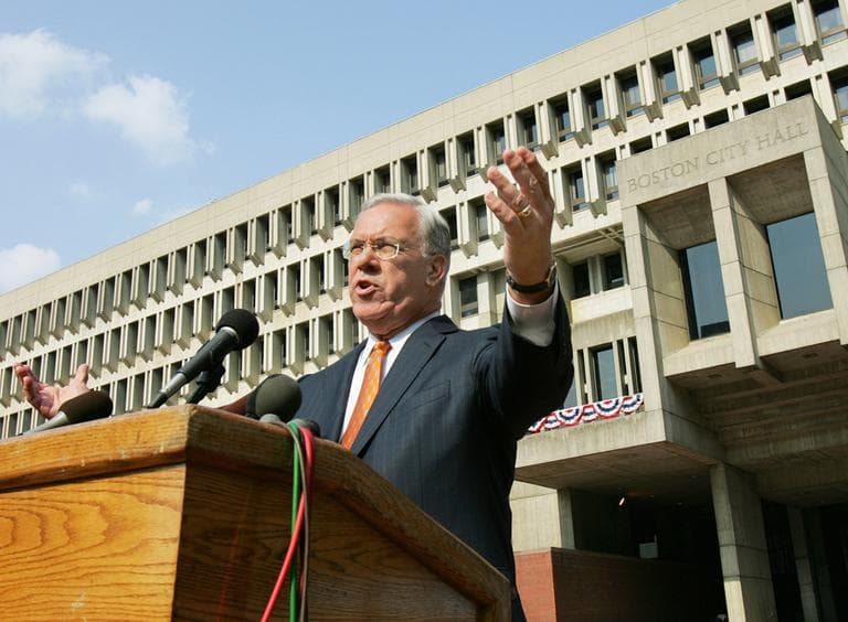 Boston Mayor Thomas Menino speaks on City Hall Plaza on his 5,846th day on the job, making him the longest-serving mayor in Boston’s history. (Elise Amendola/AP)