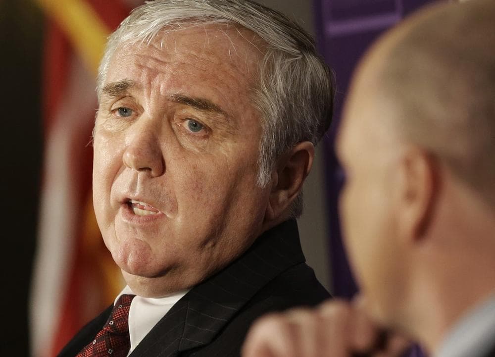 Massachusetts Republican hopeful for the U.S. Senate former U.S. Attorney Michael Sullivan, left, responds to a question as fellow Republican hopeful Norfolk state Rep. Daniel Winslow, right, looks on during a debate at Stonehill College, in Easton, Mass., Tuesday, March 12, 2013. (AP Photo/Steven Senne)