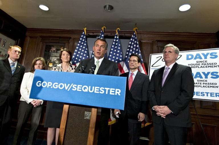 Following a closed-door party caucus, House Speaker John Boehner of Ohio, center, and GOP leaders meet with reporters, on Capitol Hill in Washington, Tuesday, Feb. 26 2013, to challenge President Obama and the Senate to avoid the automatic spending cuts that take effect in four day. (AP)