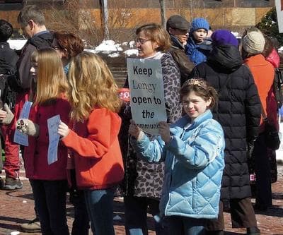A protest outside of the Longy School after it closed a community music program. (Michael Kuchta)
