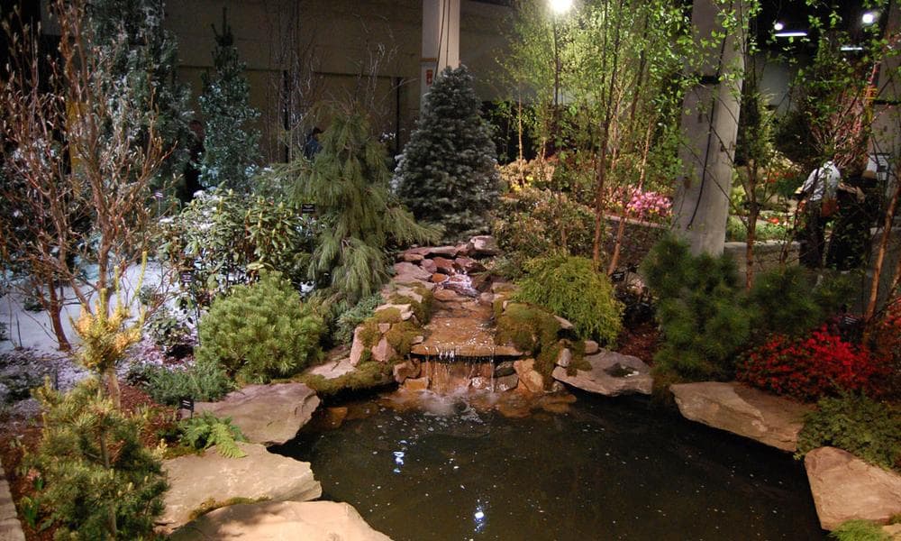 Heimlich Nurseries of Woburn showcases the changing seasons with winter on one side of the waterfall and spring plants on the other side. (Greg Cook)