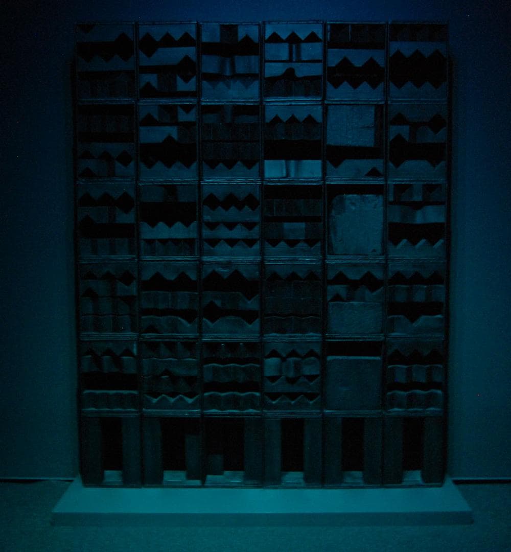 Louise Nevelson's "Luminous Zag," 1971, in blue light at the Davis Museum. (Greg Cook)