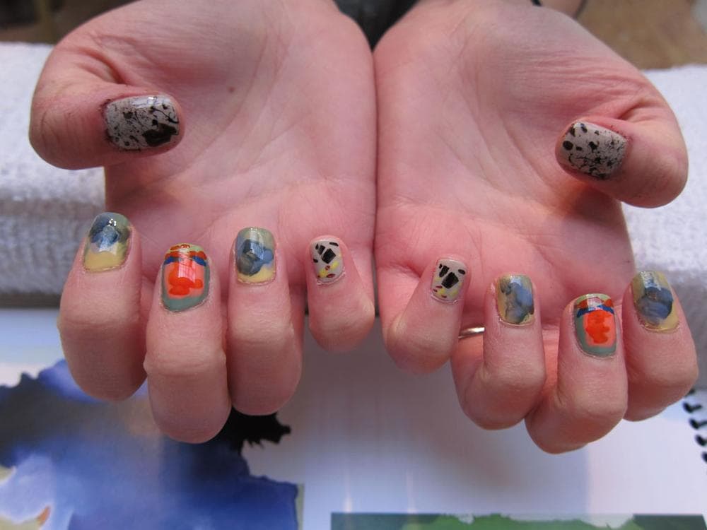 Shen here paints Jackson Pollock (thumbs), Helen Frankenthaler, and Kazimir Malevich (square design). (Victoria Shen photo)