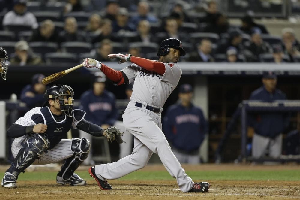 Jackie Bradley Jr. bats in a baseball game at Yankee Stadium in New York, Thursday, April 4, 2013.  (Kathy Willens/AP)