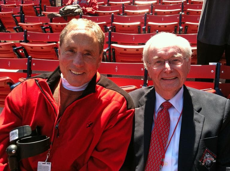 Bob Lobel and Dick Flavin, two of Fenway's three new PA announcers (Steve Brown/WBUR)