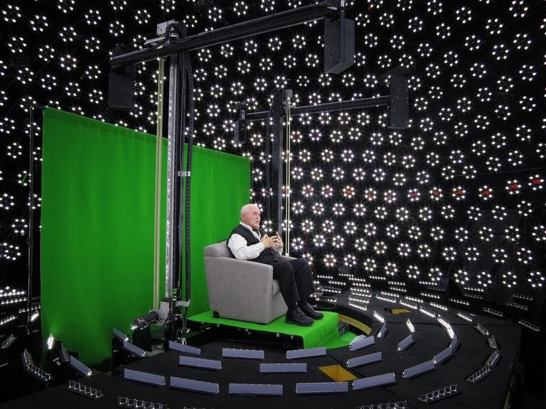 Pinchas Gutter answers questions about his life on an ICT light stage surrounded by high-speed cameras and LED lights. (Paul Debevec/USC Institute for Creative Technologies)