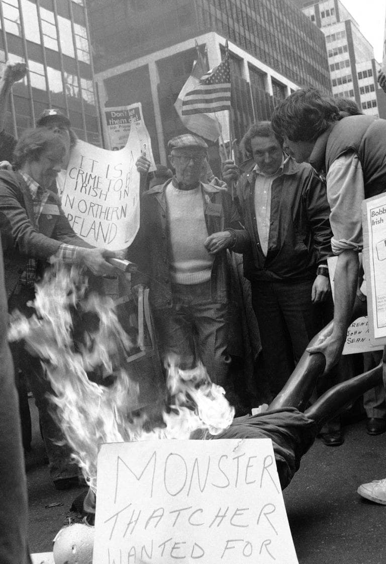 Demonstrators outside the British Consulate to the U.N. in New York on May 2, 1981, burn British Prime Minister Thatcher in effigy using a mannequin during a demonstration in support of hunger striker Bobby Sands, who was reported close to death in Northern Ireland’s Maze Prison. (AP/Kneisel)