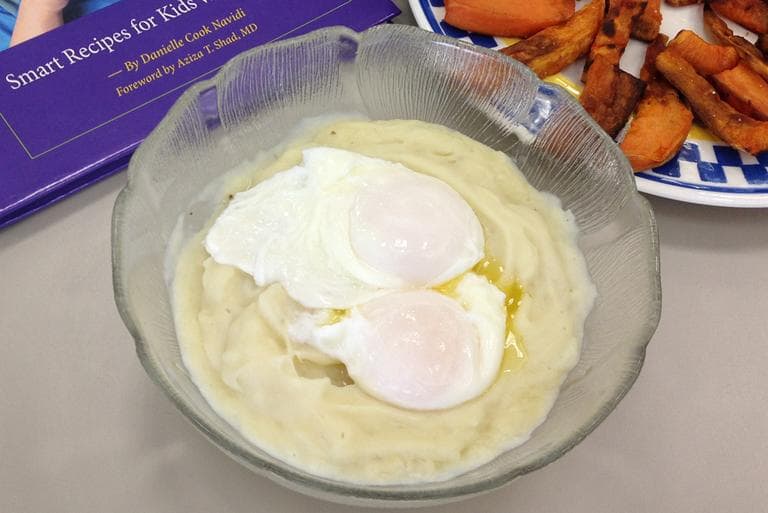 Danielle Cook Navidi's "Fluffy Mashed Potatoes with Perfect Poached Eggs." (Rachel Rohr/Here &amp; Now)