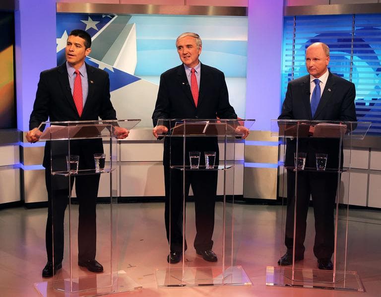 Republican candidates for U.S. Senate, from left, Gabriel Gomez, Michael Sullivan and Daniel Winslow participate in a debate sponsored by WBZ-TV and The Boston Globe Wednesday night in Boston. (Barry Chin/The Boston Globe/AP/Pool)