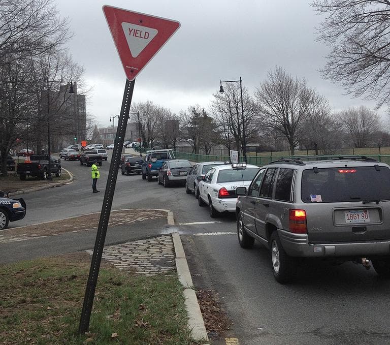 During the morning rush, traffic is backed up by the BU Bridge because of the closed Reid Overpass. (Asma Khalid/WBUR)