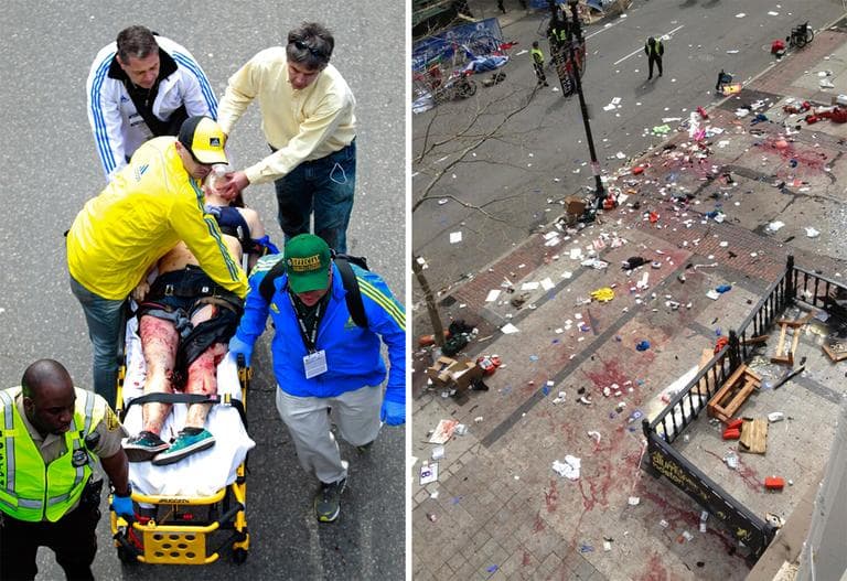 LEFT: Medical workers aid an injured man. (Charles Krupa/AP). RIGHT: This photo provided by Bruce Mendelsohn shows the scene after the two explosions. (Bruce Mendelsohn/AP)