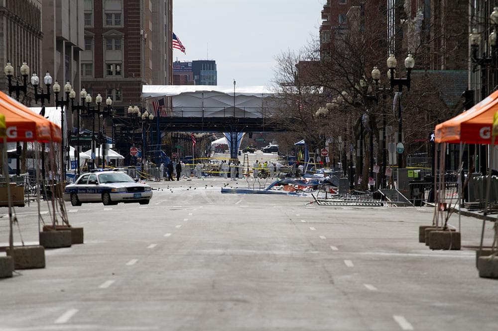 View of the Boston Marathon finish line on Boylston St. (Jesse Costa/WBUR)
