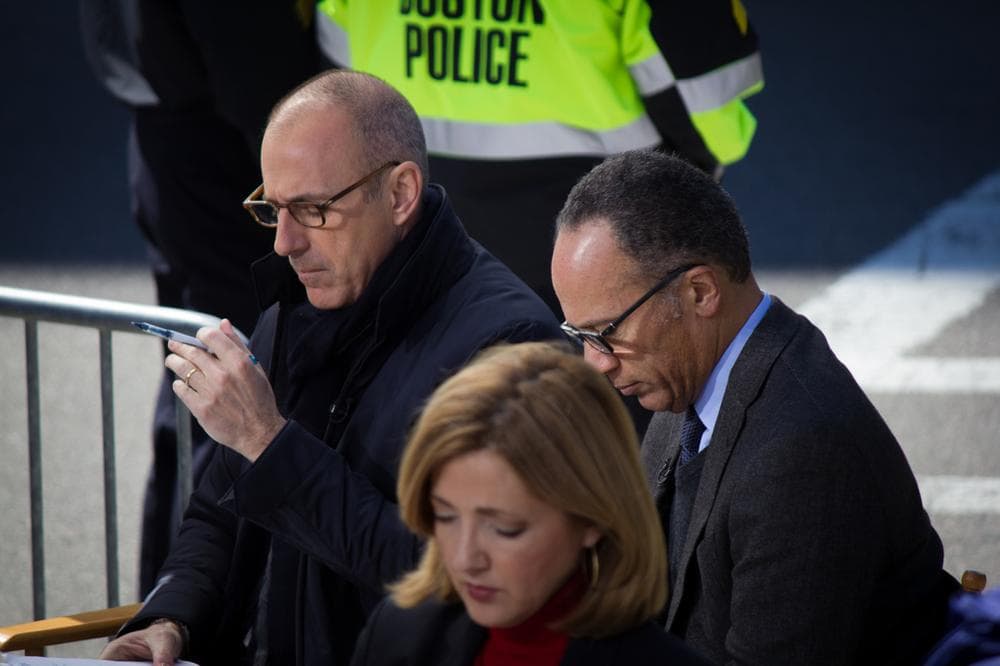 NBC Today Show host Matt Lauer news journalist Lester Holt prep to go on-air. (Joe Spurr/WBUR)