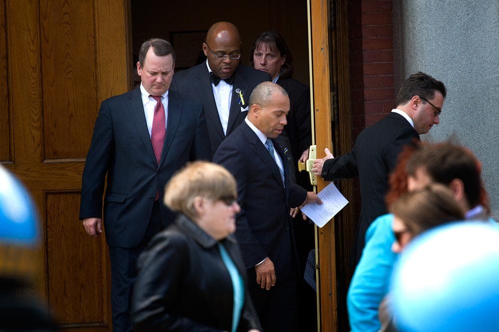 Gov. Deval Patrick, Lt. Gov. Tim Murray and interim Sen. Mo Cowan attend the service. (Jesse Costa/WBUR)