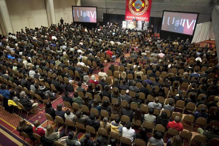 Friends, families and fellow students packed Metcalf Hall on Boston University campus on Monday for a memorial service in memory of BU graduate student Lu Lingzi, who was killed in the Boston Marathon bombings. (Dina Rudick/The Boston Globe, AP Pool Photo)