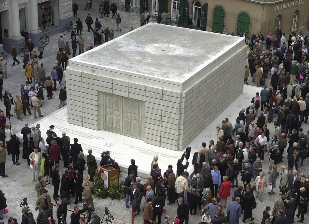 An overview of the Judenplatz in Vienna and the Holocaust monument created by British artist Rachel Whiteread in commemoration of the 65,000 Austrian Jews who died during the Nazi-regime. (Martin Gnedt/AP)