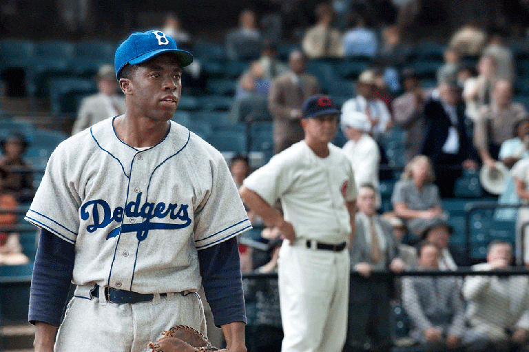Chadwick Boseman as Jackie Robinson in the film "42" (Warner Brothers)