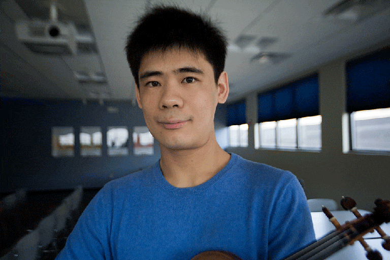 Xiang Yu at WBUR (photo by Jesse Costa, WBUR)
