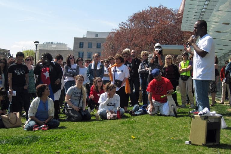 Samuel Gebru, class of 2009, helped spearhead Sunday’s rally to help fellow alumni come to grips with the shock that fellow Cambridge Rindge &amp; Latin alumni Dzhokhar and Tamerlan Tsarnaev were allegedly responsible for the marathon bombings. (Asma Khalid/WBUR)
