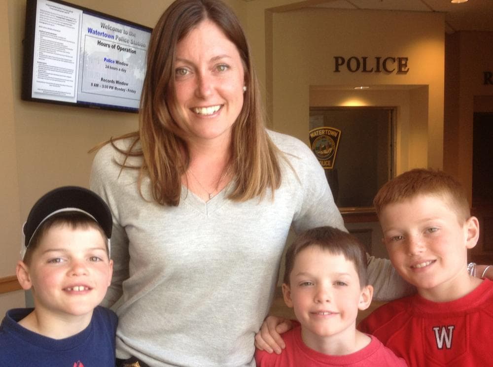 Detective Kathy Donohue left her sons at 5:30 Friday morning to join the manhunt for Dzhokhar Tsarvnaev. (Martha Bebinger/WBUR)