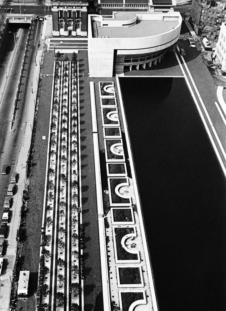 Linden grove at the Christian Science Plaza before construction was completed in 1973. (Gordon Converse/Christian Science Publishing Society/Courtesy of Princeton Architectural Press)