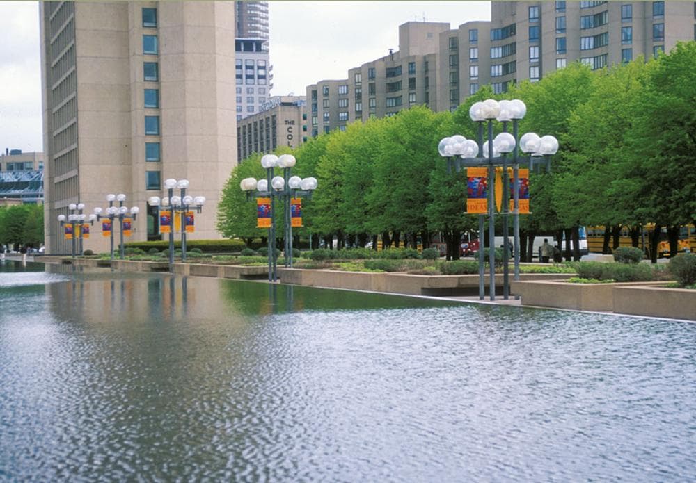 Linden trees at the Christian Science Plaza seen from across the reflecting pool and gardens. (Gina Crandell/Courtesy of Princeton Architectural Press)